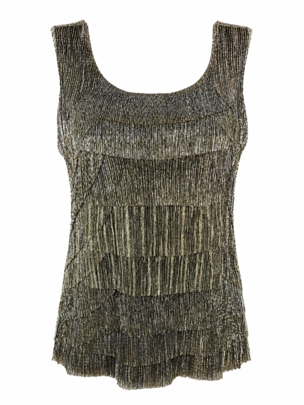 Gold Metallic Tiered Tank Top | Sleeveless Party Holiday | Size S